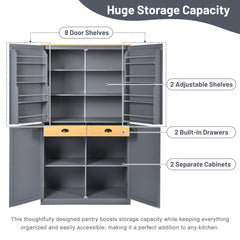 [Assembly Video Provided]TOPMAX 40.2x20x71.3inch High Freestanding Kitchen Pantry Large Cupboard Storage Cabinet with 2 Drawers, 2 Adjustable Shelves, 8 Door Shelves for Kitchen, Dining Room,Gray