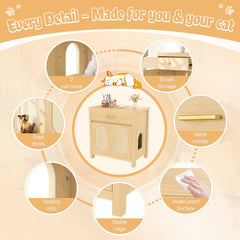 Cat Litter Box Enclosure, Hidden Cat Litter Box Furniture with Scratching Board Doors and Storage Drawer, Wooden Washroom Cat House Table Nightstand Box Cabinet, Natural