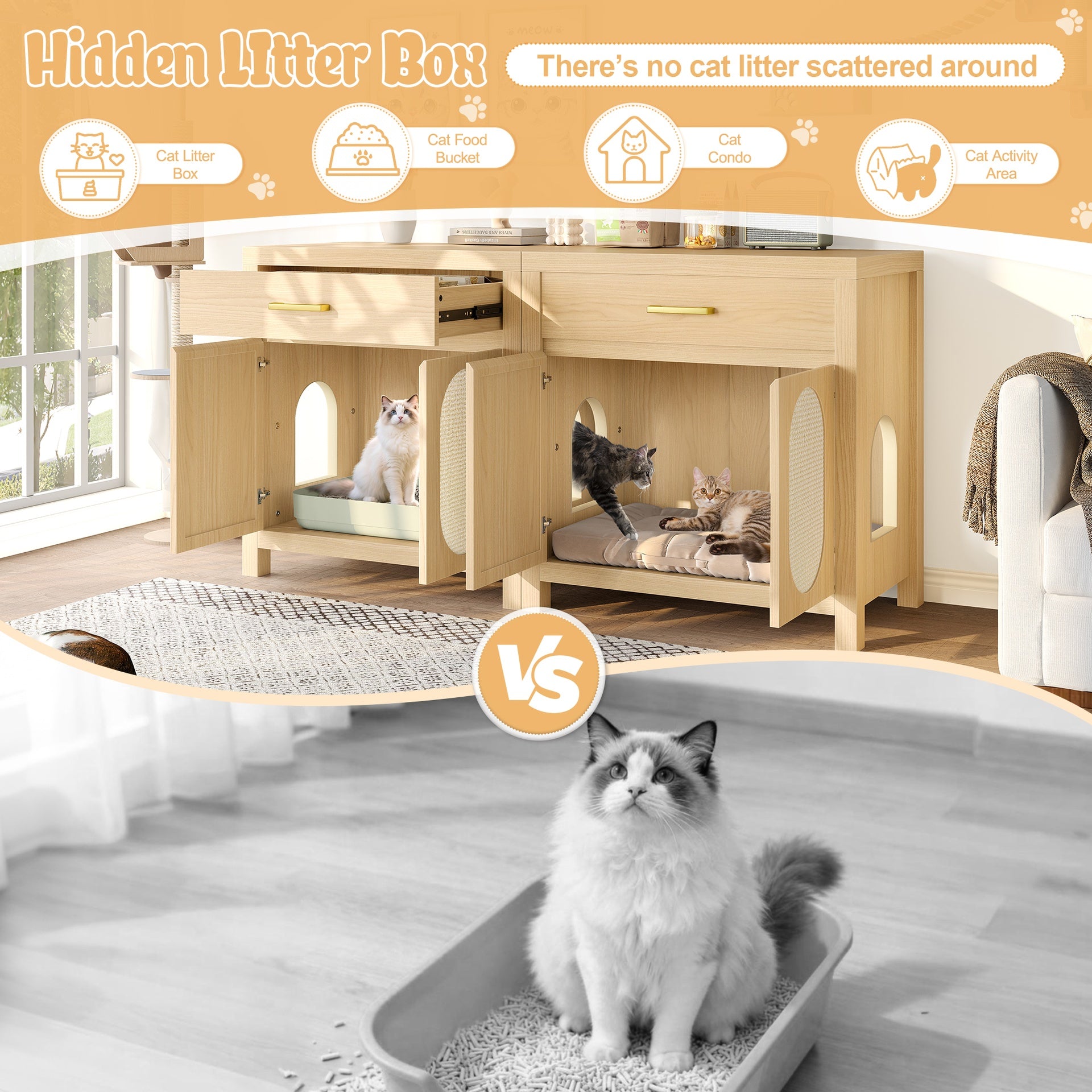 Cat Litter Box Enclosure, Hidden Cat Litter Box Furniture with Scratching Board Doors and Storage Drawer, Wooden Washroom Cat House Table Nightstand Box Cabinet, Natural