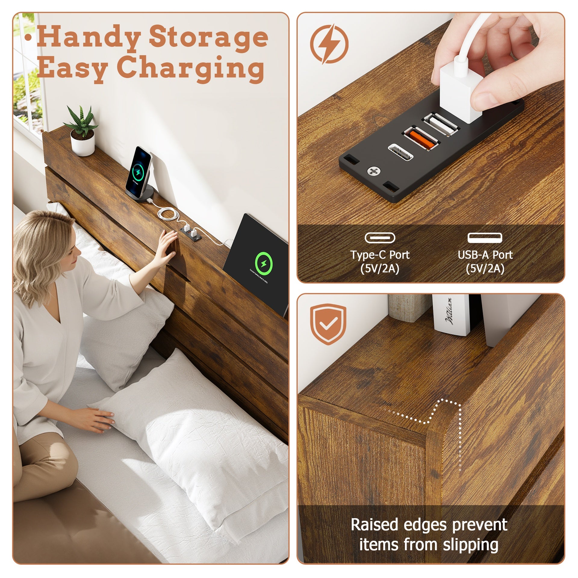 King Bed Frame with Headboard and Footboard, with Under Bed Storage, LED Lights, Charging Station,1200lbs CapacityAll-Metal Support System, No Box Spring Needed, Easy Assembly,Rustic Brown