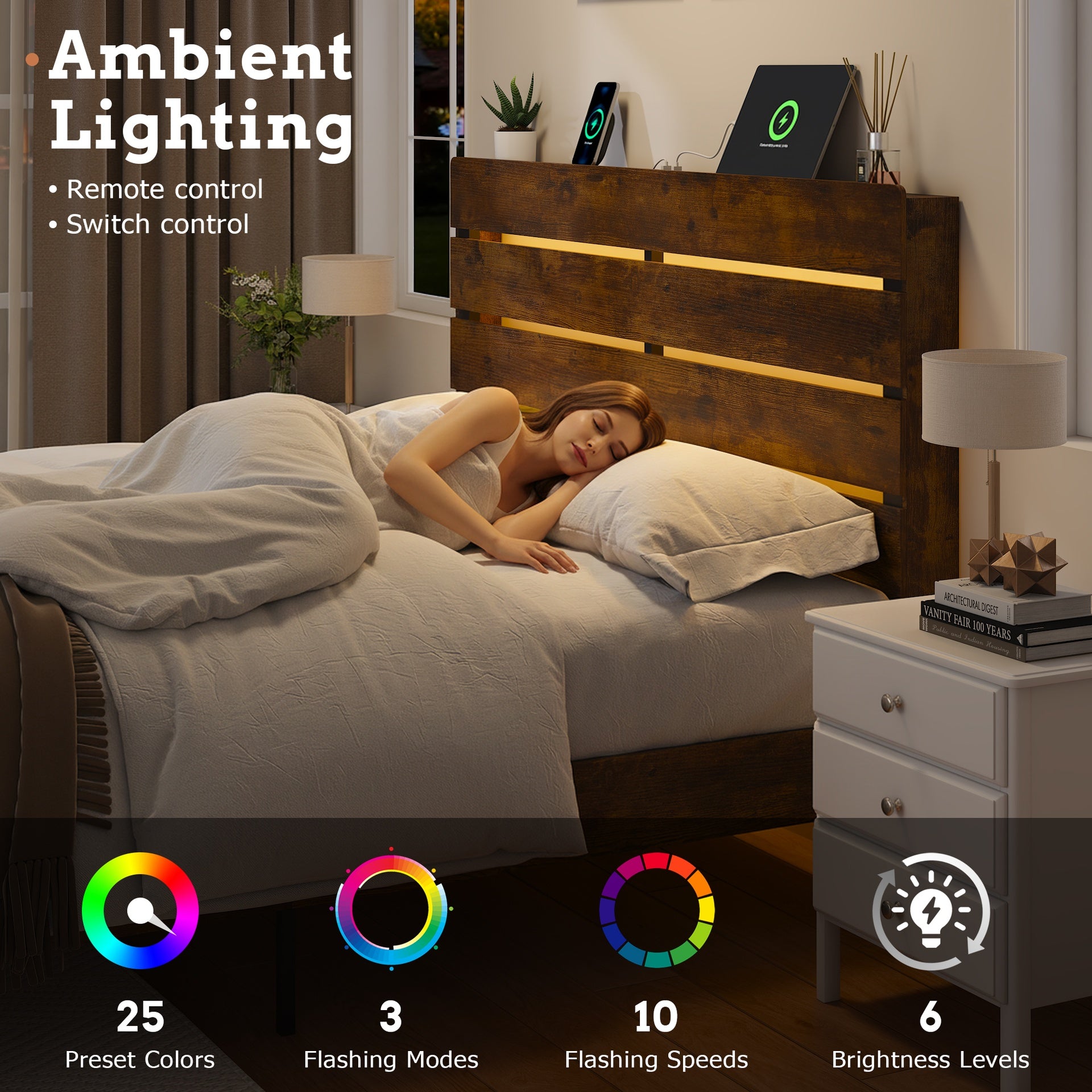 King Bed Frame with Headboard and Footboard, with Under Bed Storage, LED Lights, Charging Station,1200lbs CapacityAll-Metal Support System, No Box Spring Needed, Easy Assembly,Rustic Brown