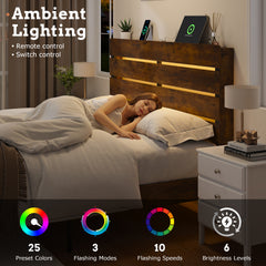 King Bed Frame with Headboard and Footboard, with Under Bed Storage, LED Lights, Charging Station,1200lbs CapacityAll-Metal Support System, No Box Spring Needed, Easy Assembly,Rustic Brown
