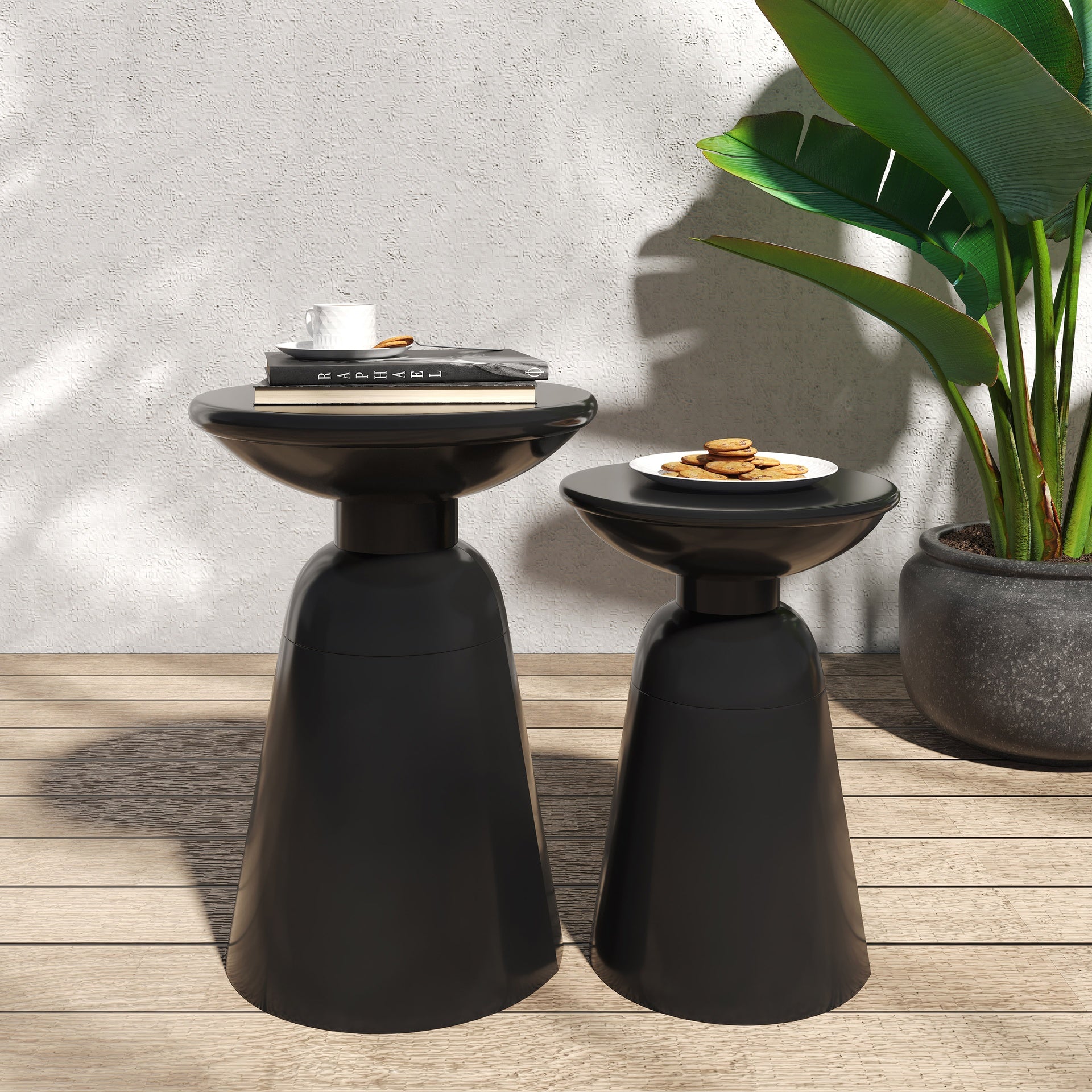 Serenita Outdoor Iron Side Tables with Flared Design, Set of 2 , Black
