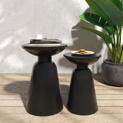 Serenita Outdoor Iron Side Tables with Flared Design, Set of 2 , Black