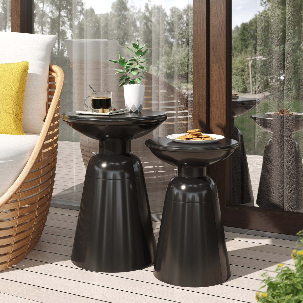 Serenita Outdoor Iron Side Tables with Flared Design, Set of 2 , Black