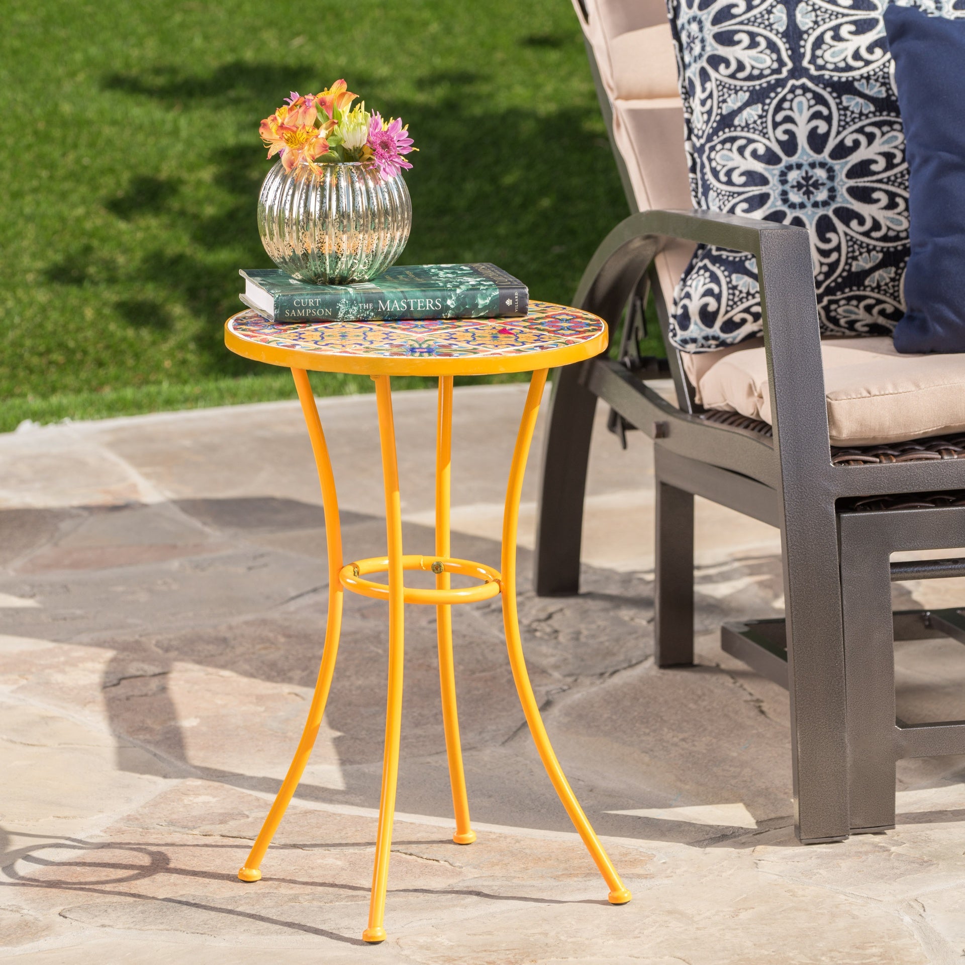 Outdoor Side Table with Tile Mosaic Table Top and Metal Legs, Yellow