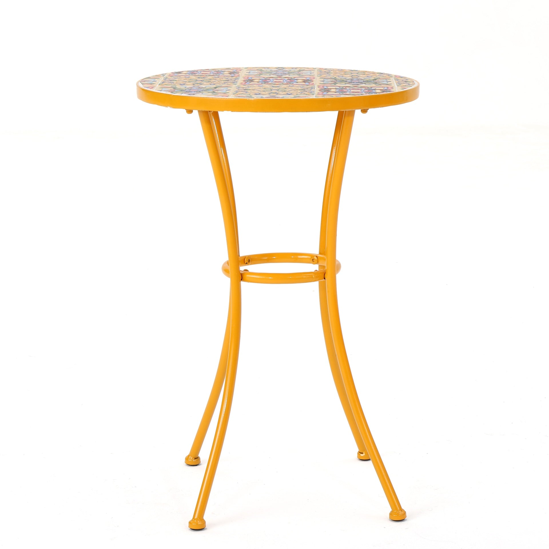 Outdoor Side Table with Tile Mosaic Table Top and Metal Legs, Yellow