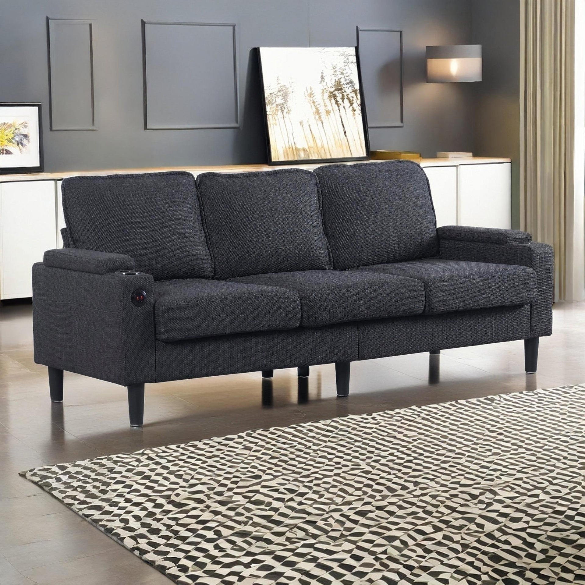 dark grey color knock down 3-seat combo sofa with storage ottoman for living room apartment bedroom and compact room, Upholstered sectional Couch, L Shaped Bench with a footrest, a individual storage