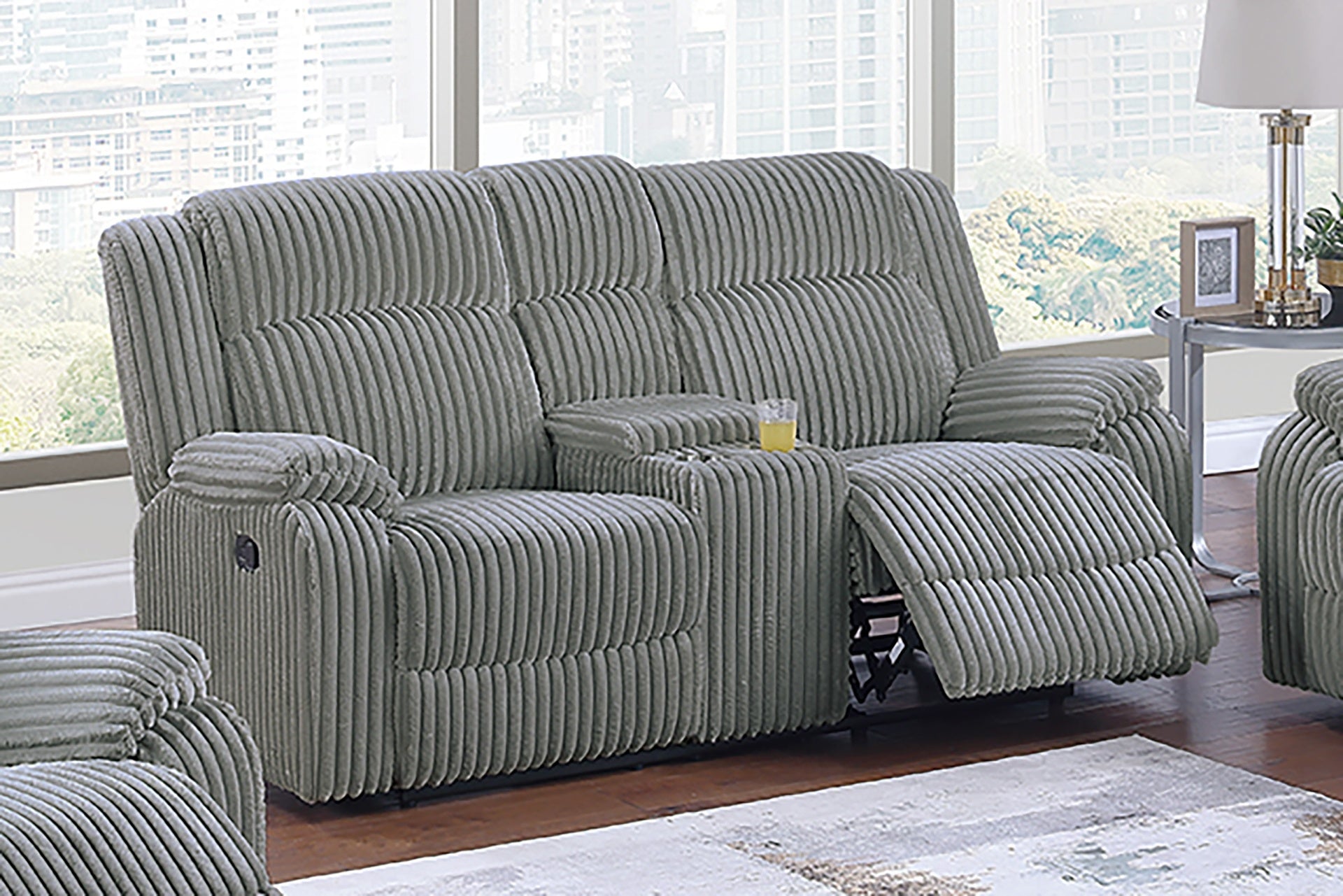 Motion Sofa And Loveseat w Console Smoke Fur Like Corduroy 2pc Reclining Sofa Set Living Room