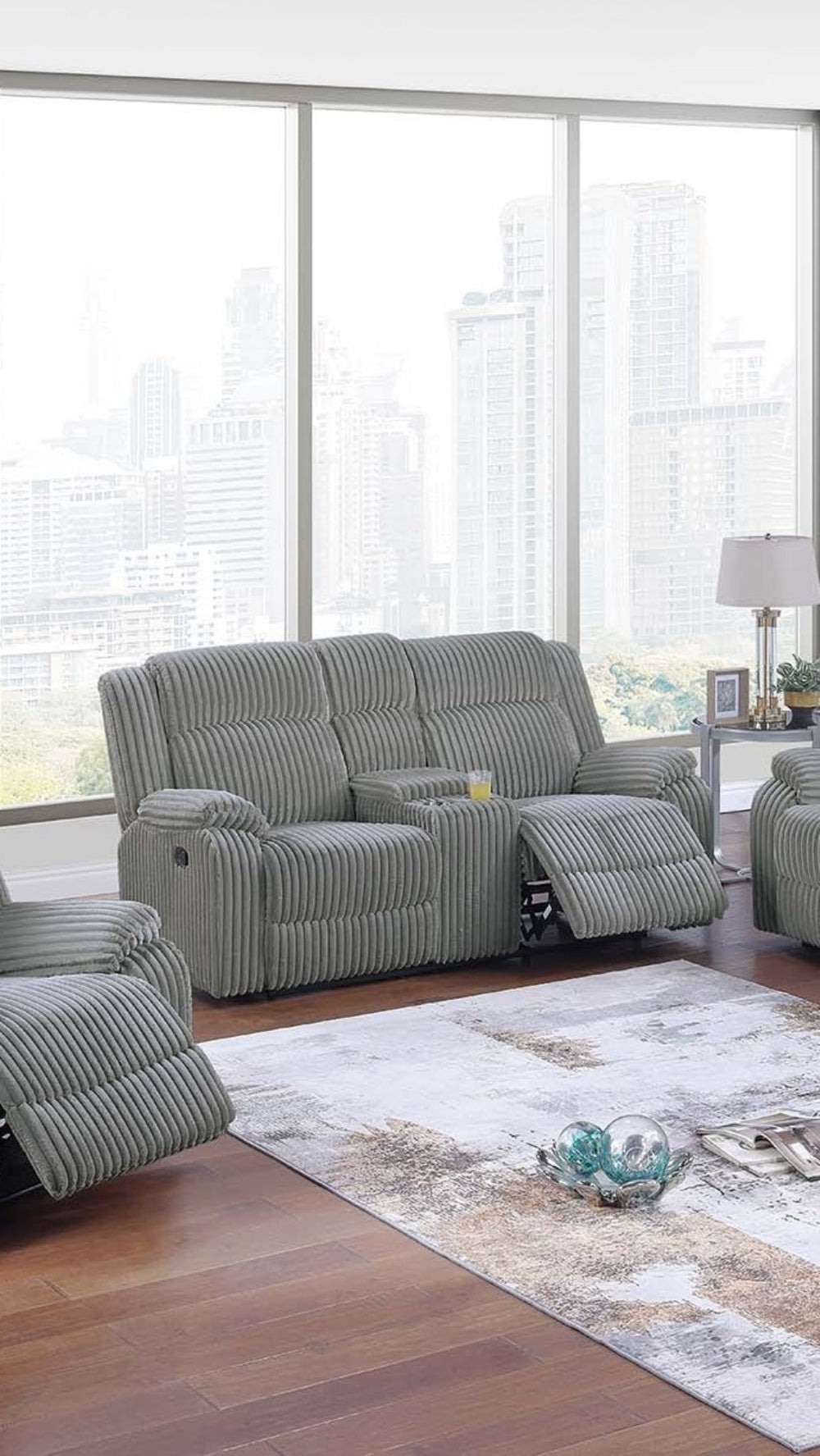 Smoke Color Fur Like Corduroy 1pc Motion Loveseat Living Room Reclining Couch Plush Textured Seat