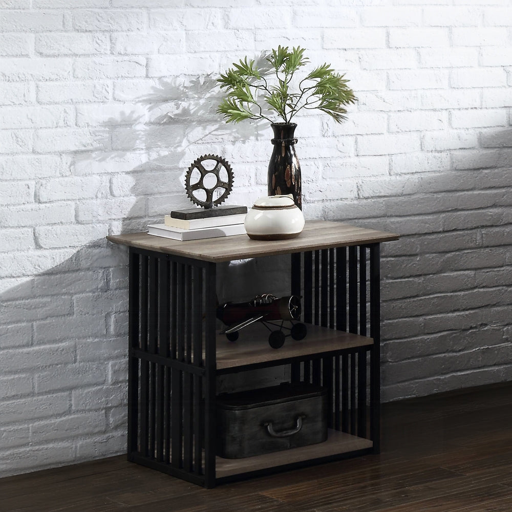 Rustic Industrial Black and Antique Oak Finish Open Shelves Nightstand 1pc Metal Frame Durable Bedroom Furniture