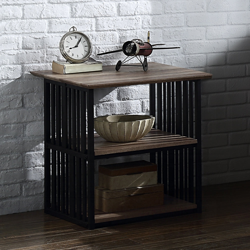 Rustic Industrial Black and Antique Oak Finish Open Shelves Nightstand 1pc Metal Frame Durable Bedroom Furniture