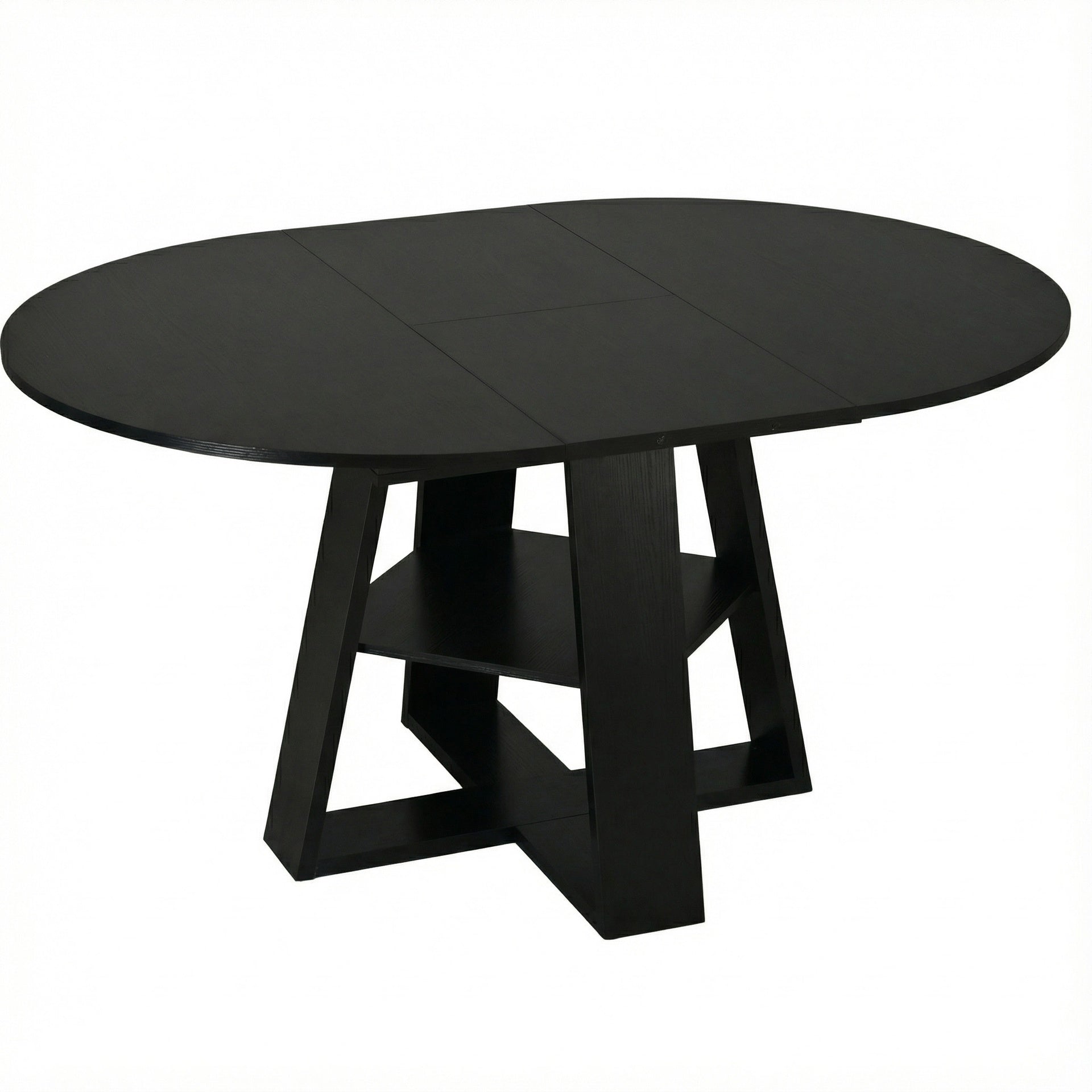 43.3in-59in Extendable Round Dining Table for 4-8,Modern Kitchen Oval Dining Table with Removable Leaves Space Saving,Wood Base with Storage Shelf for Kitchen Living Room (Black)
