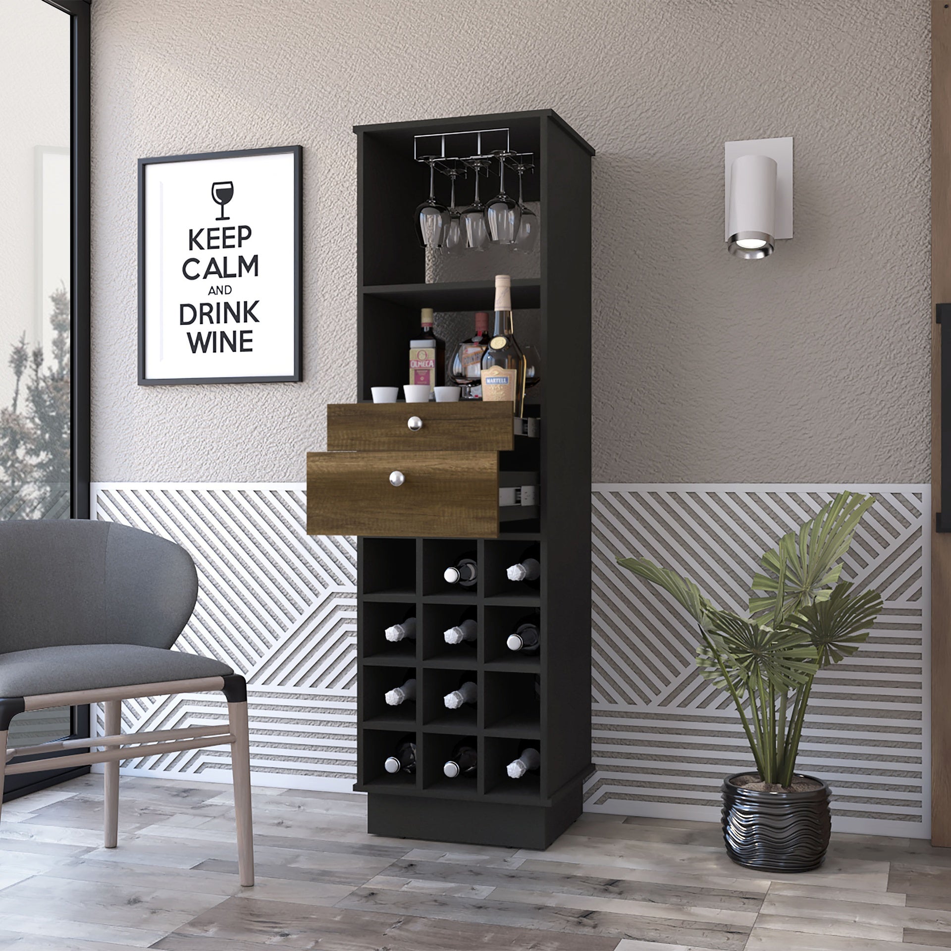 Wenge and Walnut 12-Bottle 2-Drawer 1-Shelf Bar Cabinet