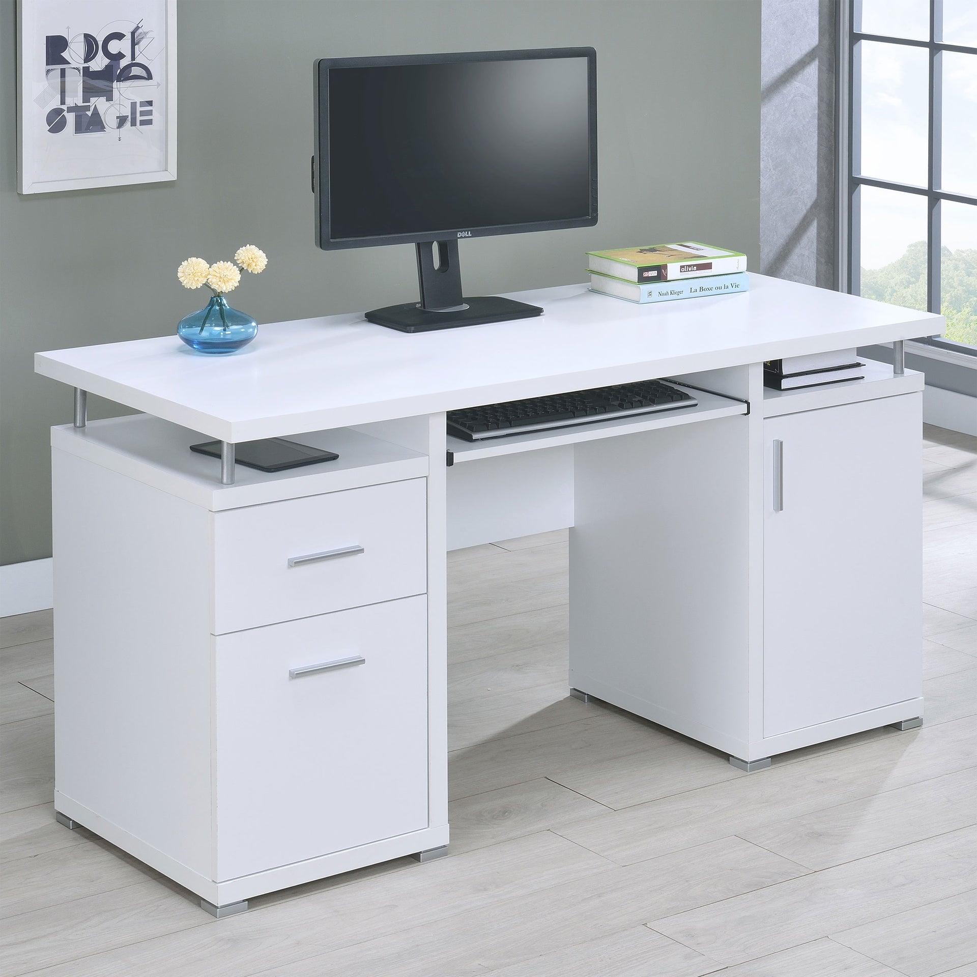 Rochelle White Computer Desk with 2 Drawers and Cabinet
