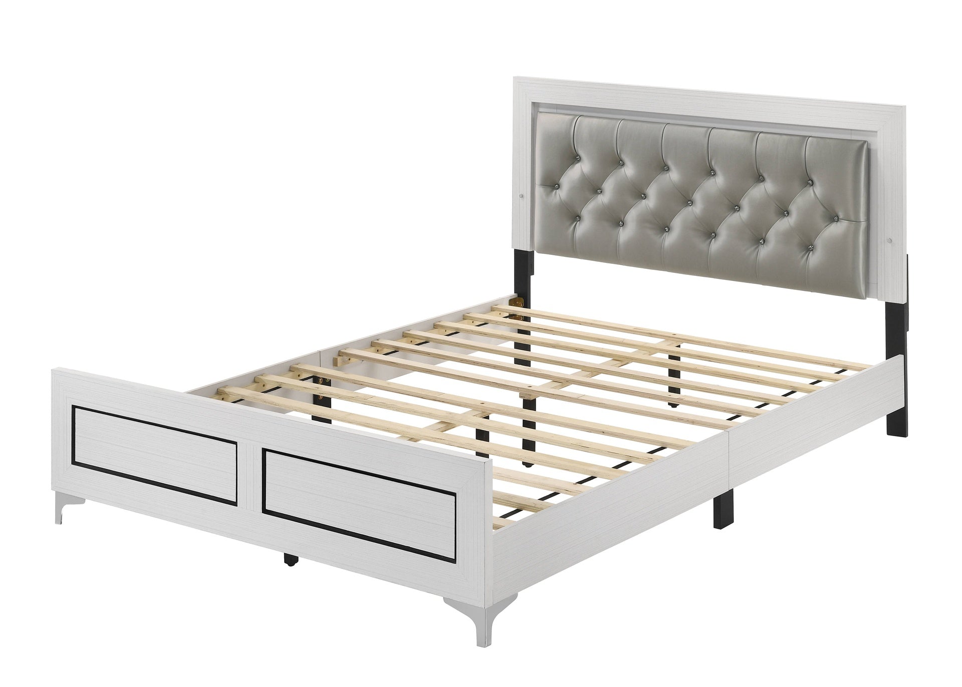 Grey and White Queen Bed with LED Light Padded Headboard