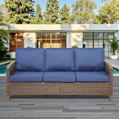 73.6" Wide Outdoor Wicker Patio Sofa, Deep Seating Outdoor Couch with Cushions for Porch Garden, Blue