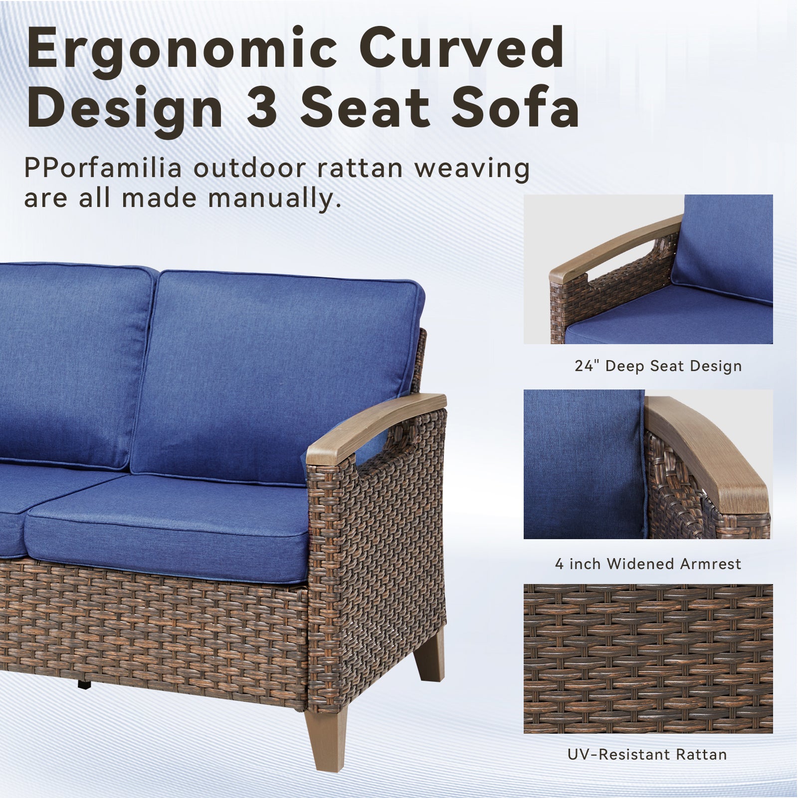73.6" Wide Outdoor Wicker Patio Sofa, Deep Seating Outdoor Couch with Cushions for Porch Garden, Blue