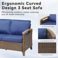 73.6" Wide Outdoor Wicker Patio Sofa, Deep Seating Outdoor Couch with Cushions for Porch Garden, Blue