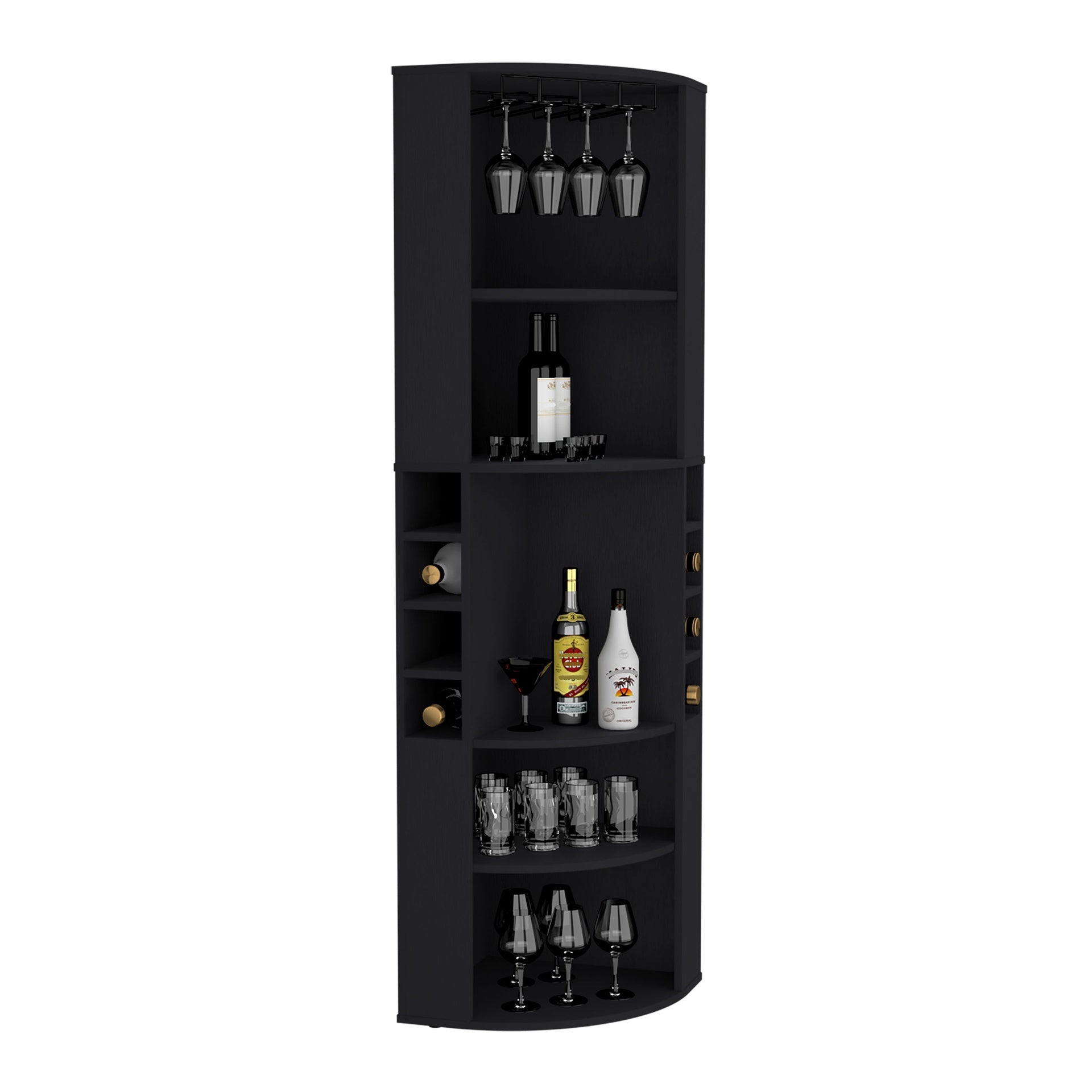 71" Corner Bar Cabinet with Five Shelves, Eight Bottle Cubbies and Stemware,Black