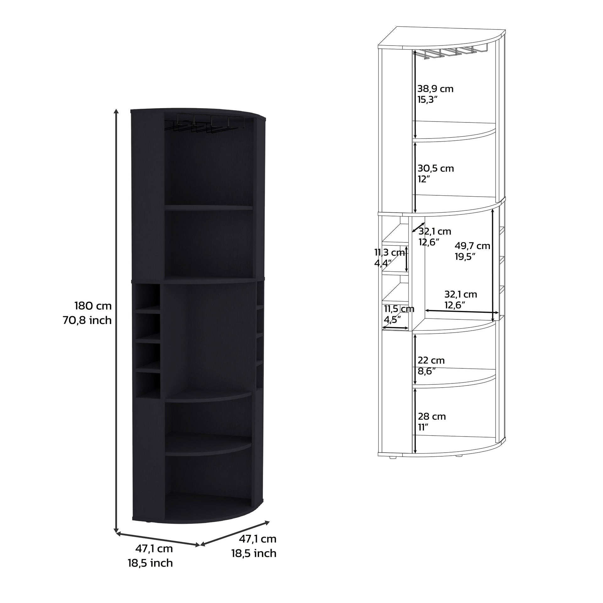 71" Corner Bar Cabinet with Five Shelves, Eight Bottle Cubbies and Stemware,Black