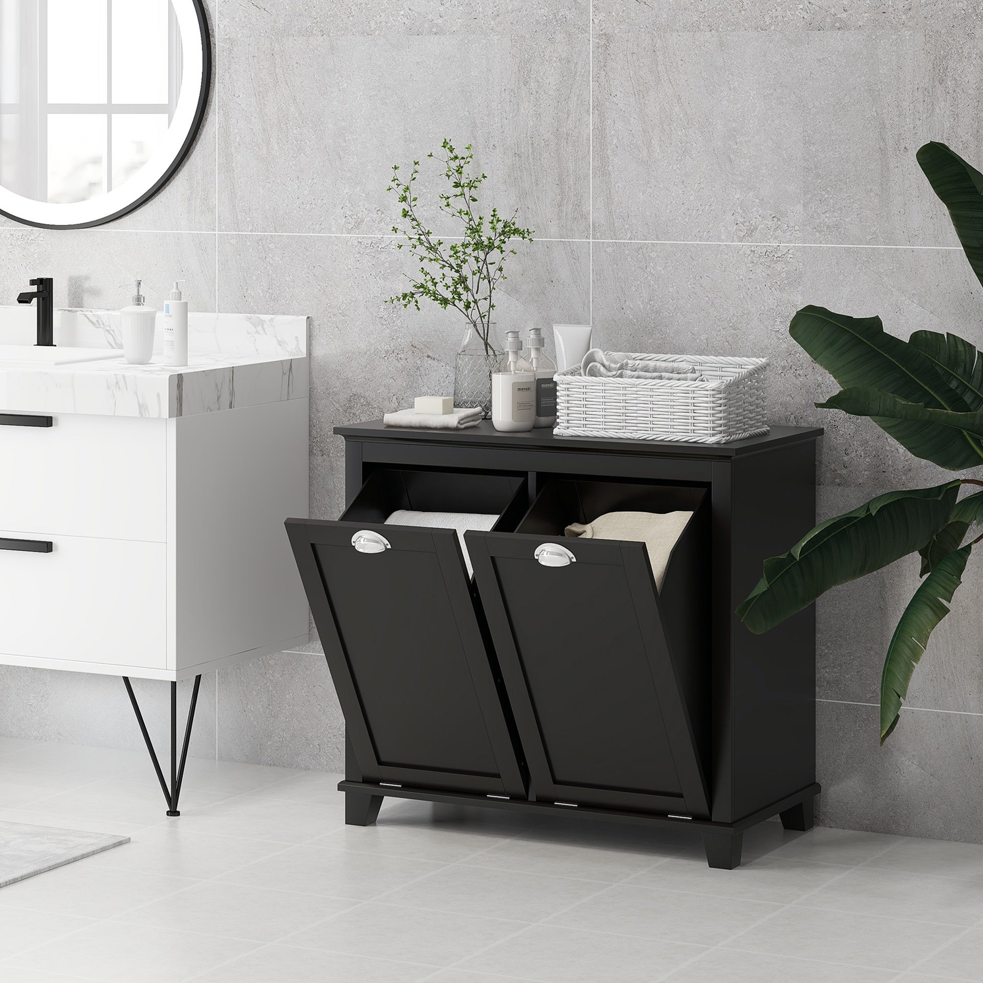 HOMCOM Dual Tilt out Laundry Hamper Cabinet, Bathroom Storage Cabinet with 2-Compartment Hamper, Modern  Floor Cabinet for Washroom, Black