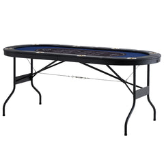 8 Player Foldable Poker Table, Blackjack Texas Holdem Poker Table with Padded Rails and Stainless Steel Cup Holders, Portable Folding Card Board Game Table, 72" Oval Casino Leisure Table, Blue
