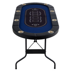 8 Player Foldable Poker Table, Blackjack Texas Holdem Poker Table with Padded Rails and Stainless Steel Cup Holders, Portable Folding Card Board Game Table, 72" Oval Casino Leisure Table, Blue