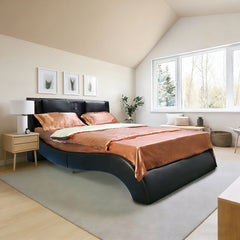 Faux Leather Upholstered Platform Bed Frame with led lighting, Bluetooth connection to play music control, Backrest vibration massage, Curve Design, Wood Slat Support, Exhibited Speakers, Queen