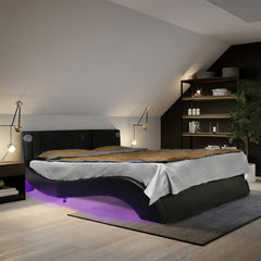 Faux Leather Upholstered Platform Bed Frame with led lighting, Bluetooth connection to play music control, Backrest vibration massage, Curve Design, Wood Slat Support, Exhibited Speakers, Queen