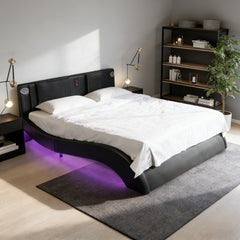Faux Leather Upholstered Platform Bed Frame with led lighting, Bluetooth connection to play music control, Backrest vibration massage, Curve Design, Wood Slat Support, Exhibited Speakers, Queen