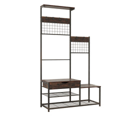 4-in-1 Hall Tree with Storage Drawer & Soft Cushion - Industrial Entryway Bench Coat Rack, Antique Brown, Parent-Child Design with Stable Metal Frame