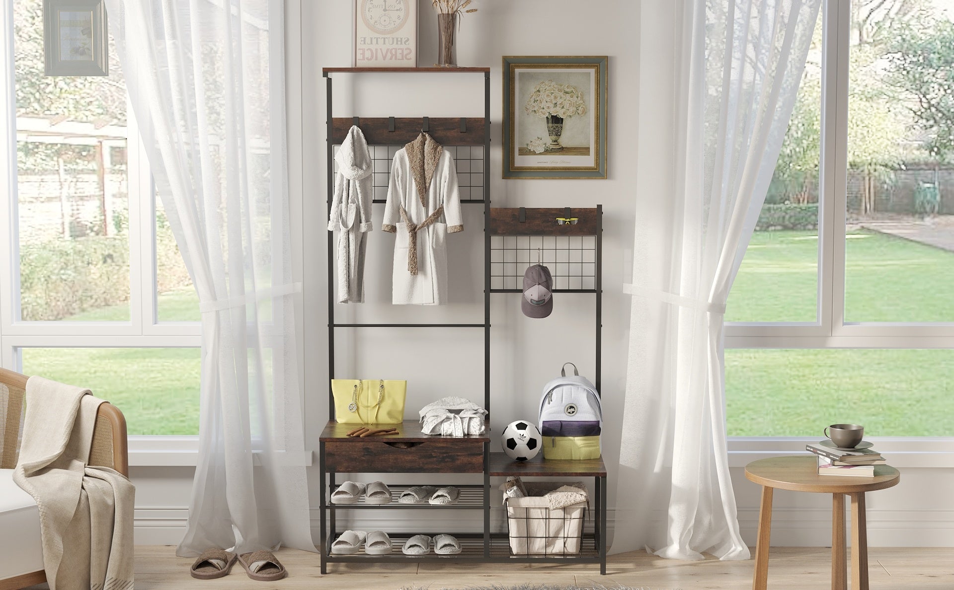 4-in-1 Hall Tree with Storage Drawer & Soft Cushion - Industrial Entryway Bench Coat Rack, Antique Brown, Parent-Child Design with Stable Metal Frame