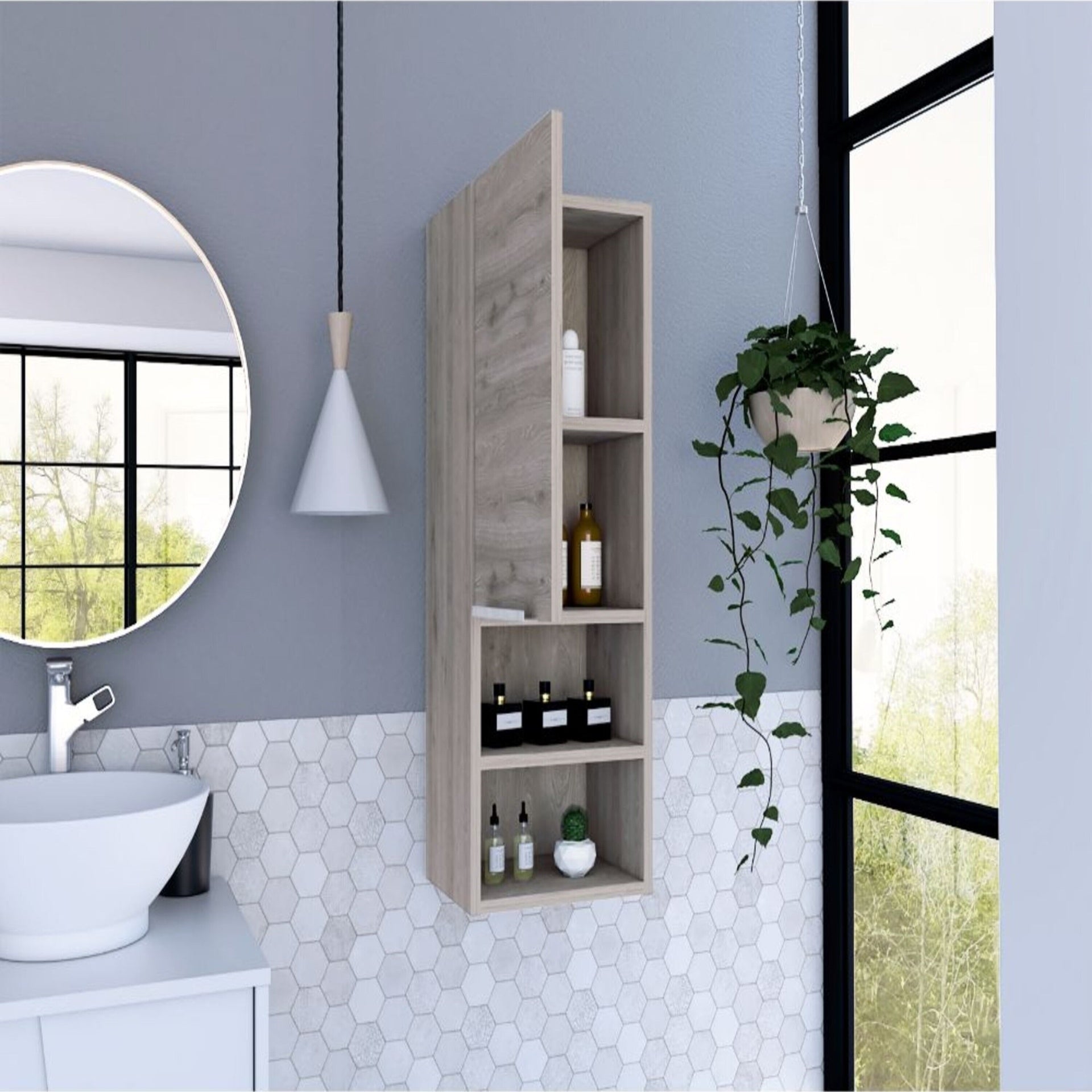 Medicine Single Door Cabinet 32" H, Two Interior Shelves, Two External Shelves, Light Gray
