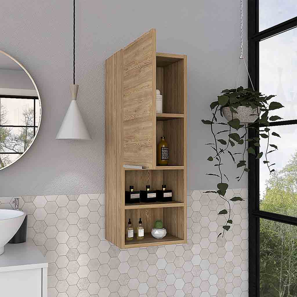 Medicine Single Door Cabinet 32" H, Two Interior Shelves, Two External Shelves, Light Oak