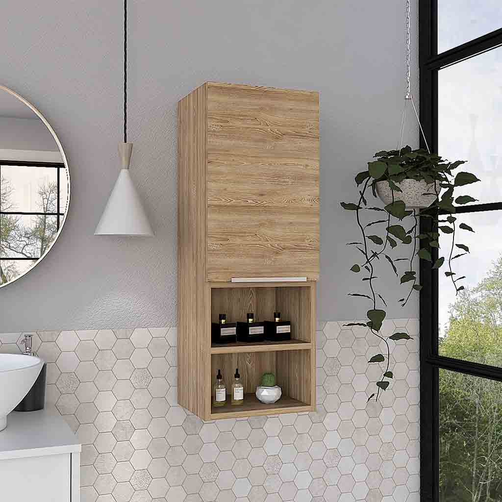 Medicine Single Door Cabinet 32" H, Two Interior Shelves, Two External Shelves, Light Oak