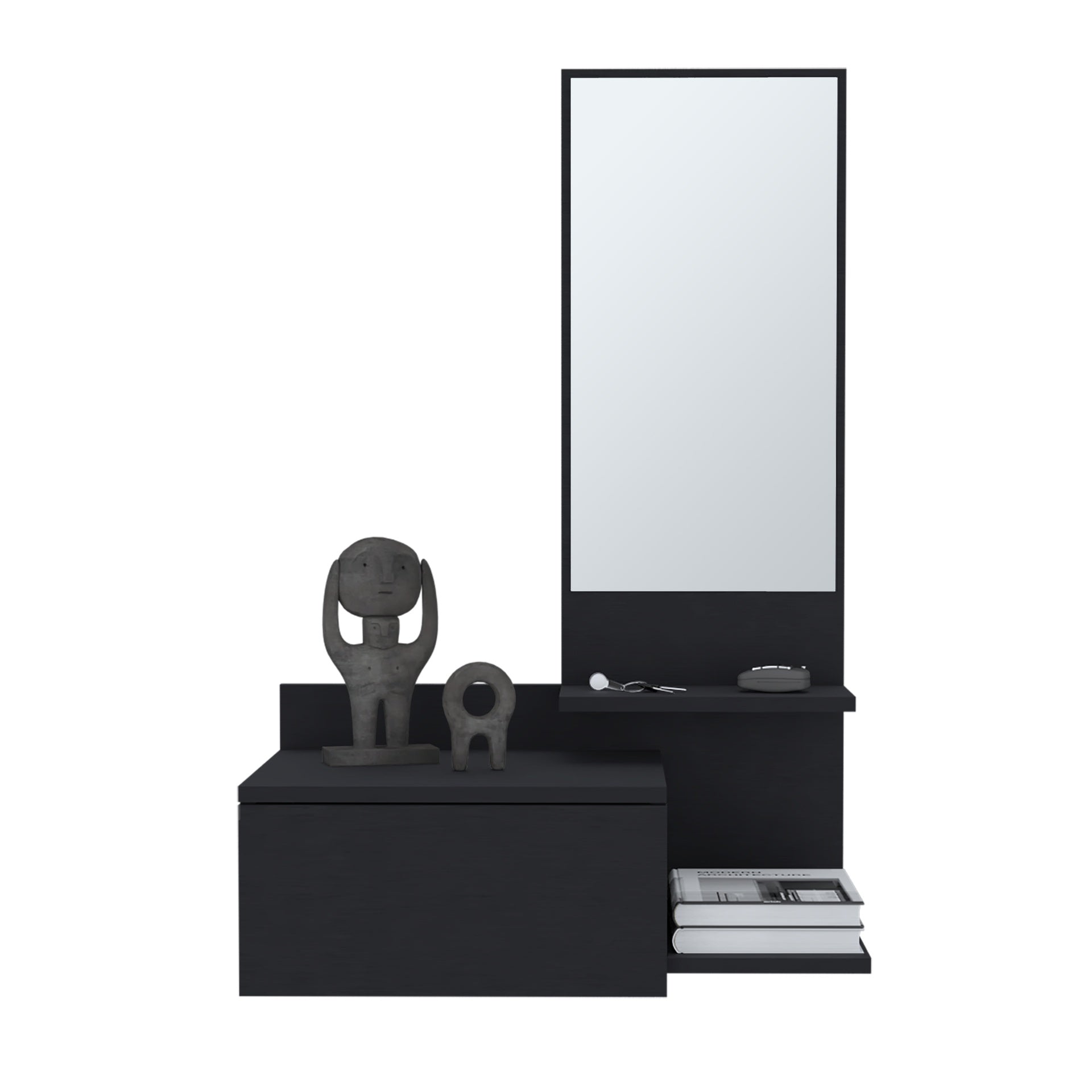 Floating Hallway Cabinet 36.2" H, 1 Drawer, 3 Shelves, 1 Mirror, Black