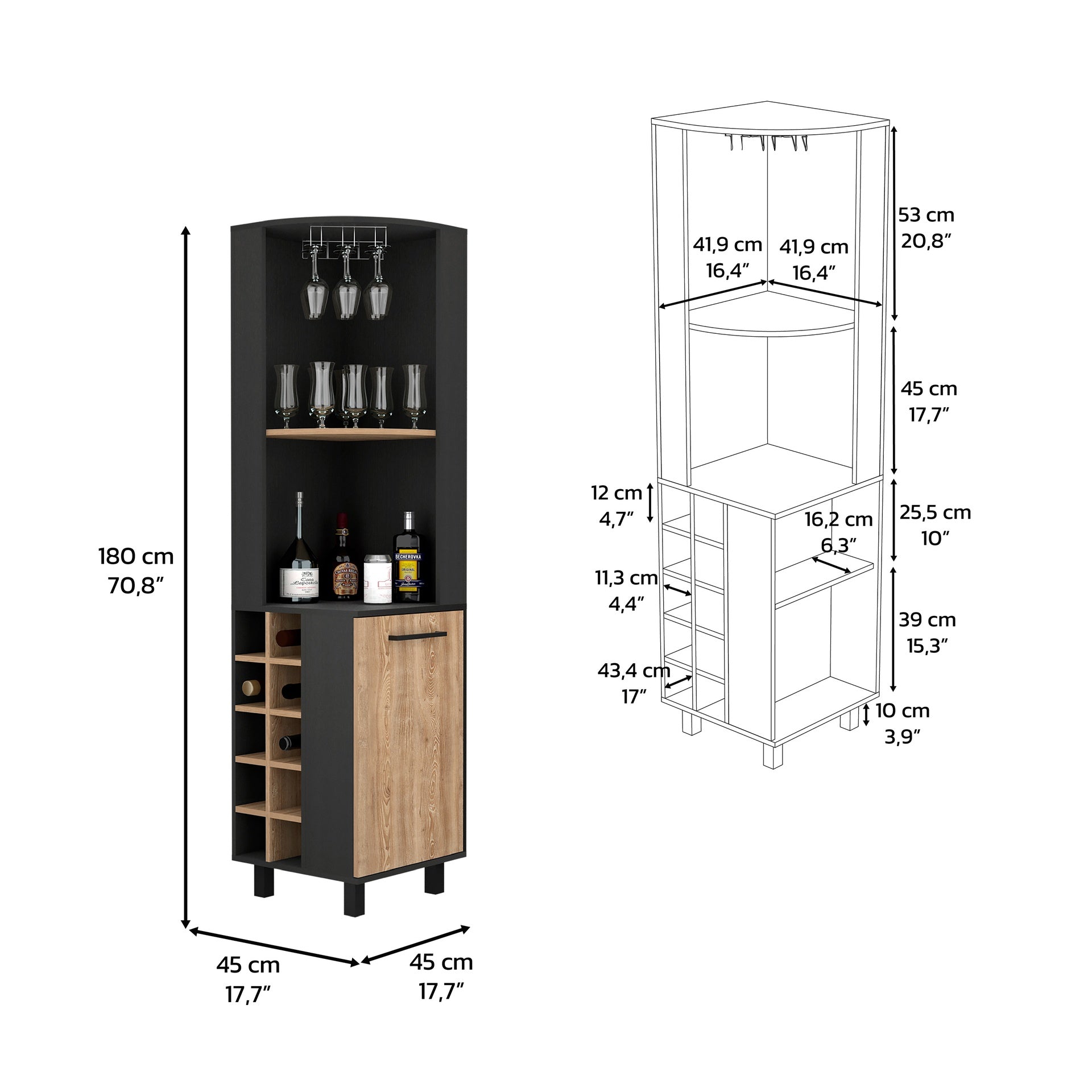 Corner Bar Single Door Cabinet Two Shelves, Ten Built-in Wine Rack, Two Interior Shelves, Black / Pine