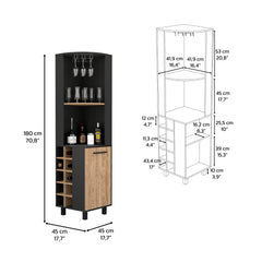 Corner Bar Single Door Cabinet Two Shelves, Ten Built-in Wine Rack, Two Interior Shelves, Black / Pine