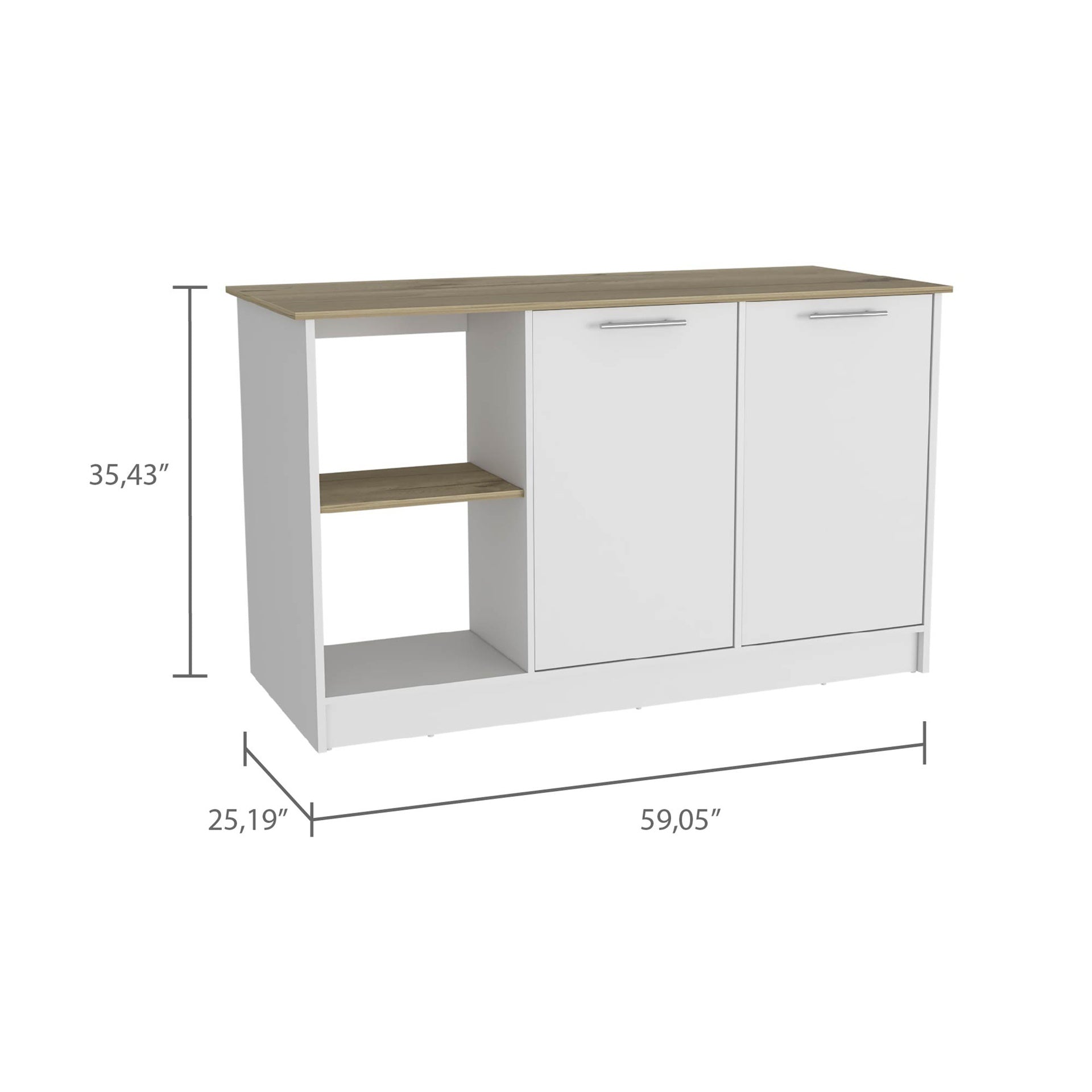Kitchen Island with Large Countertop, Open Storage Shelves and Double Door Cabinet, White / Light Oak