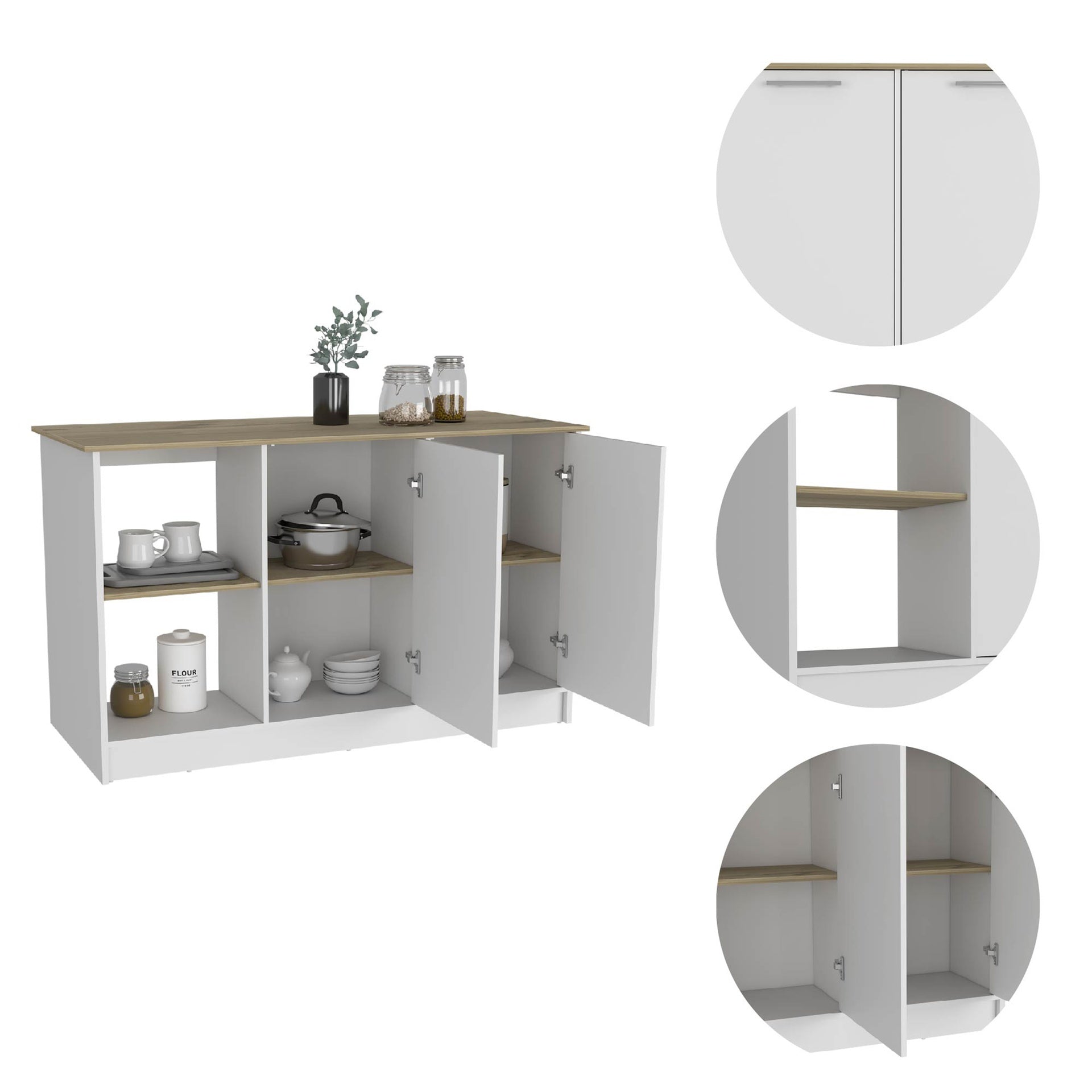 Kitchen Island with Large Countertop, Open Storage Shelves and Double Door Cabinet, White / Light Oak