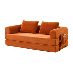 Convertible Sleeper Sofa Bed with Cylindrical Pillow - Corduroy Folding Mattress Couch with Fixed-Shape Frame for Living Room, Bedroom, Lounge, Studio-Orange