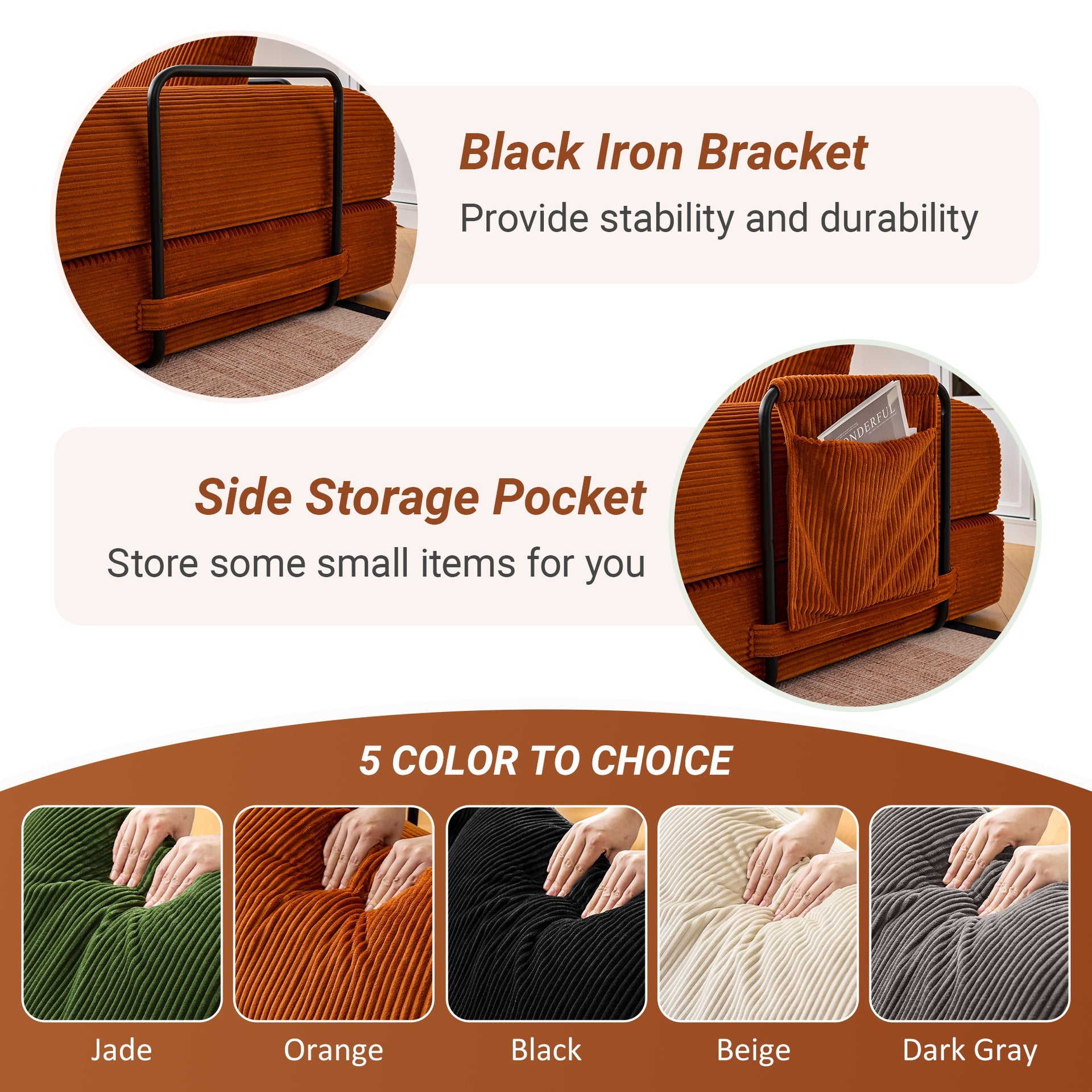 Convertible Sleeper Sofa Bed with Cylindrical Pillow - Corduroy Folding Mattress Couch with Fixed-Shape Frame for Living Room, Bedroom, Lounge, Studio-Orange