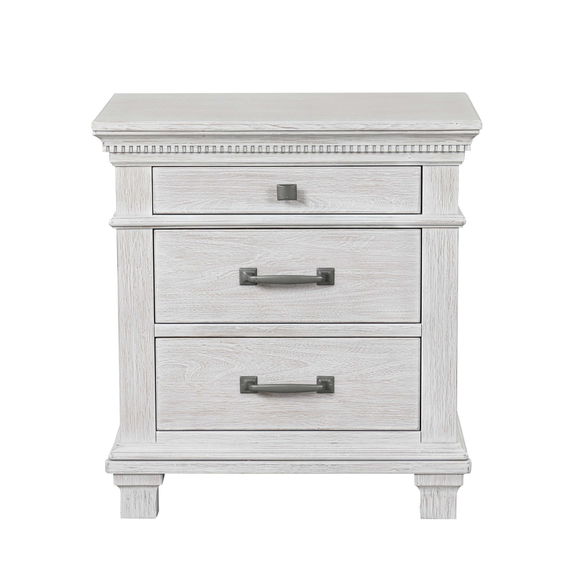 Transitional Style 1pc Nightstand Metal Handles Dental Molding Weathered Gray Finish Bedroom Furniture