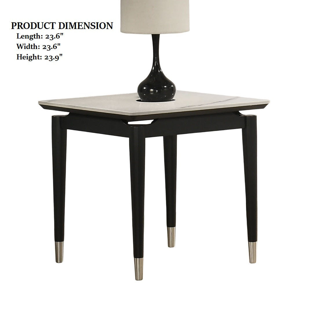 Contemporary Style 1pc End Table Sintered Stone Top Silver Capped Arrow Legs Black And White Finish