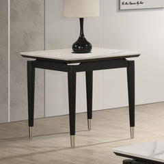 Contemporary Style 1pc End Table Sintered Stone Top Silver Capped Arrow Legs Black And White Finish