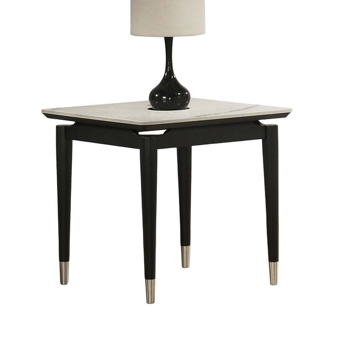 Contemporary Style 1pc End Table Sintered Stone Top Silver Capped Arrow Legs Black And White Finish