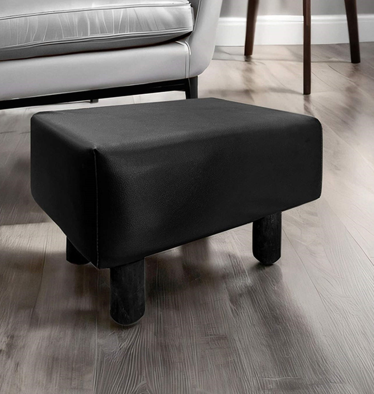 Contemporary Footstool Set Of 2pc, Black Upholstery And Wooden Legs