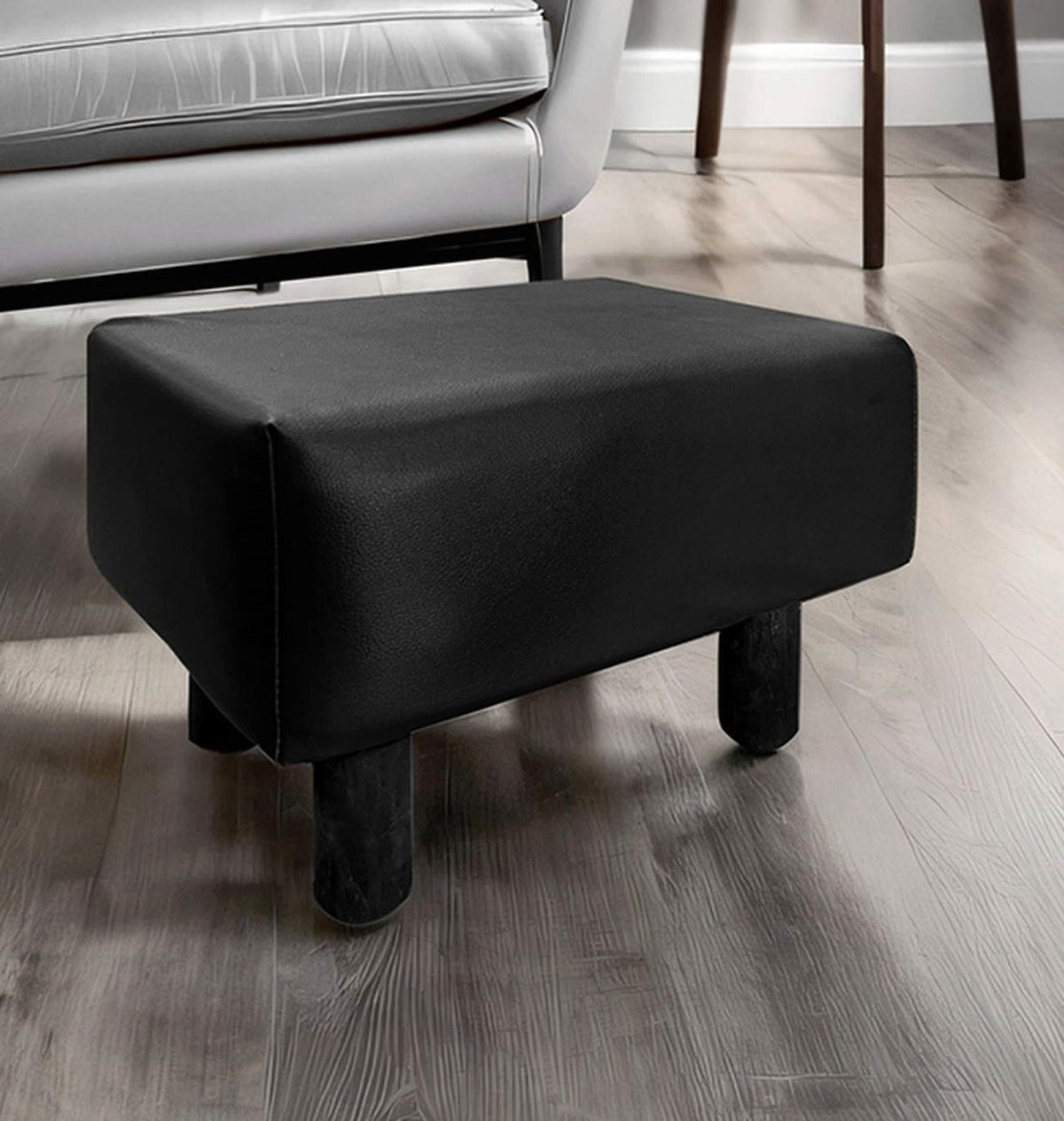 Contemporary Footstool Set Of 2pc, Black Upholstery And Wooden Legs