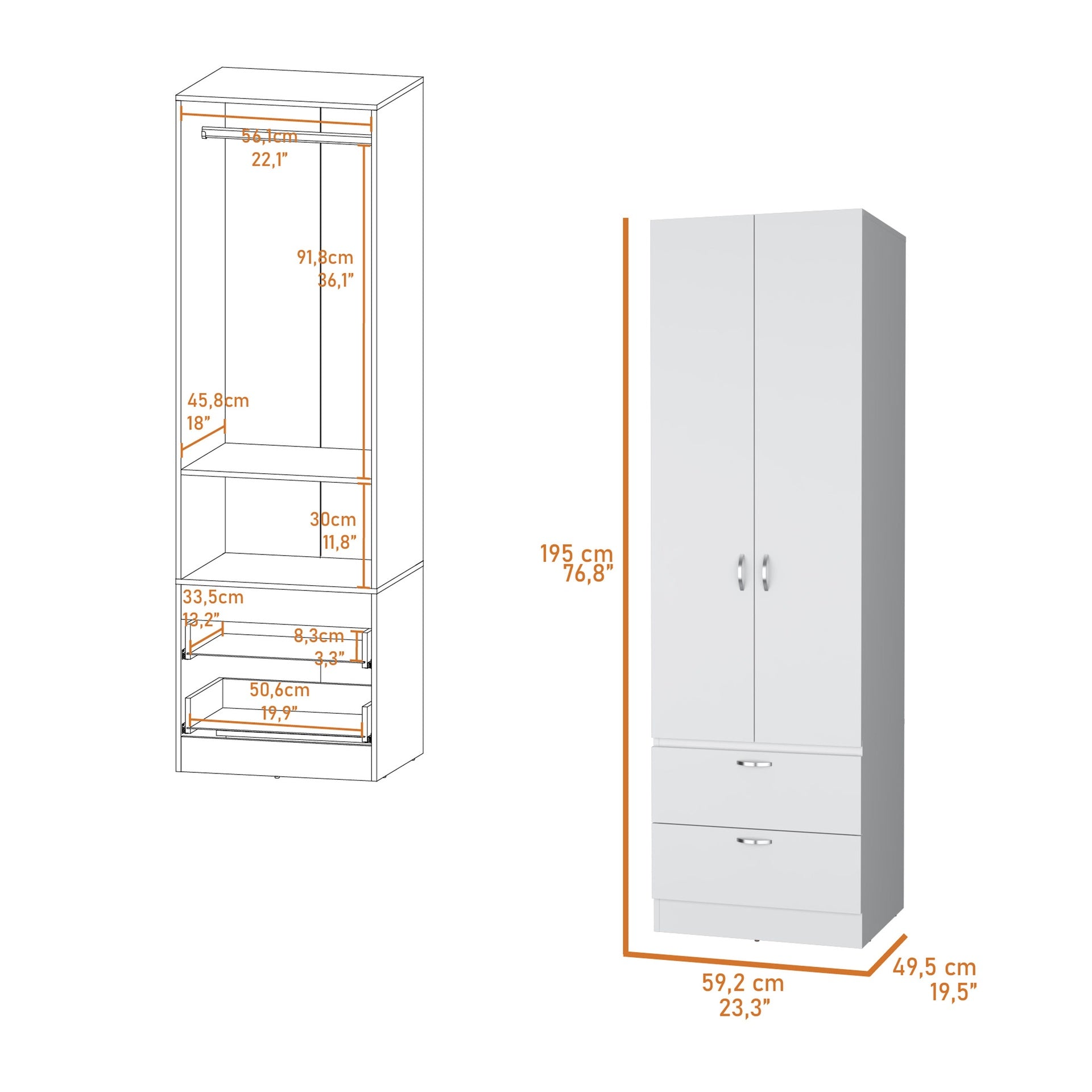 Tall Mayer Wardrobe in Melamine with Two Doors and Two Drawers